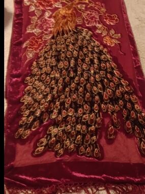 Embroidered Peacock Velvet Scarf in Deep Burgundy